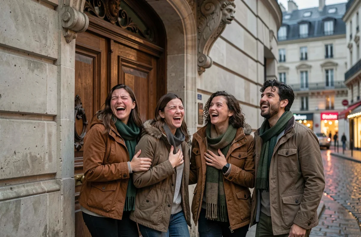 Groupe de visiteurs hilares et soulagés sortant du Manoir de Paris sur fond de façade en pierre parisienne et rues pavées au crépuscule