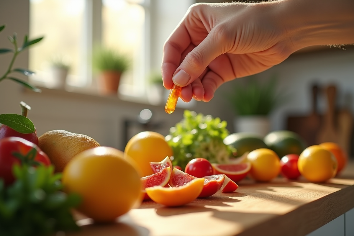 Main tenant une vitamine B12 au-dessus de fruits colorés