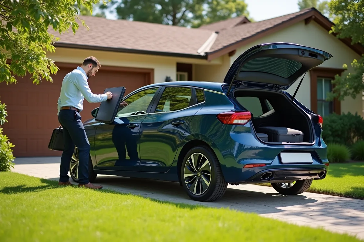 Hatchback en ville avec personne chargeant un sac d