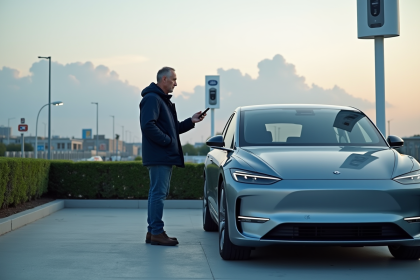 Homme devant voiture hydrogene au station de charge