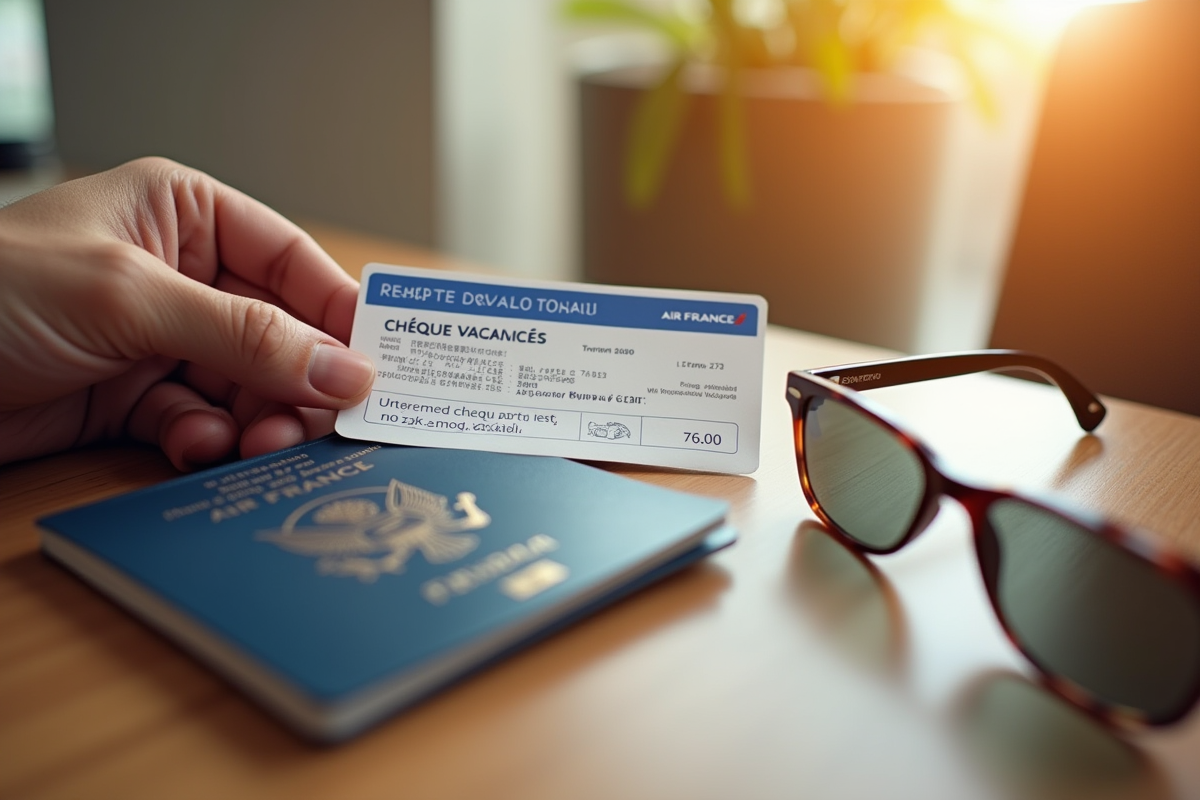 Main posant un chèque vacances Air France avec passeport et lunettes