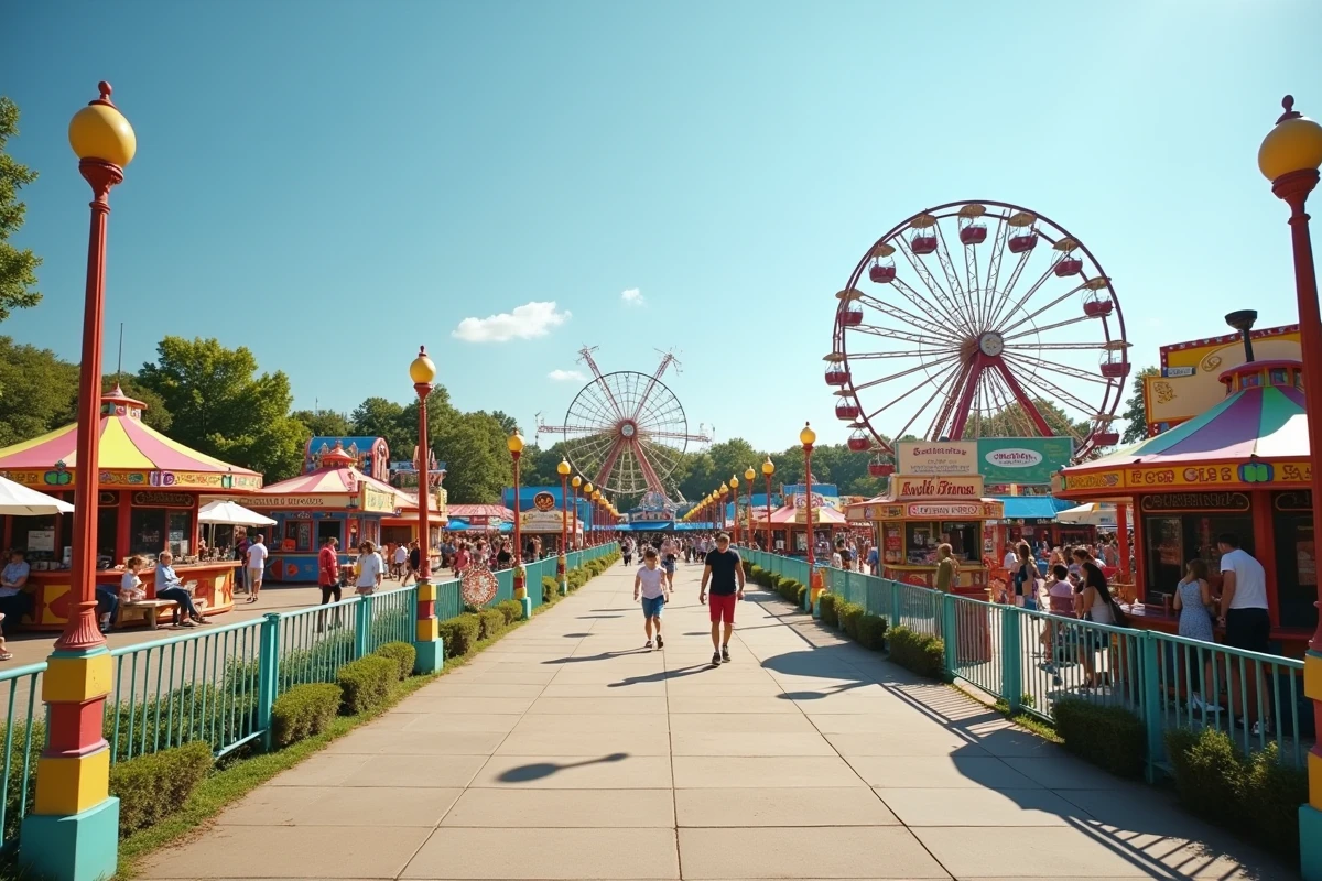 Vue panoramique du parc d'attractions Baguatelle avec grande roue et visiteurs en plein air