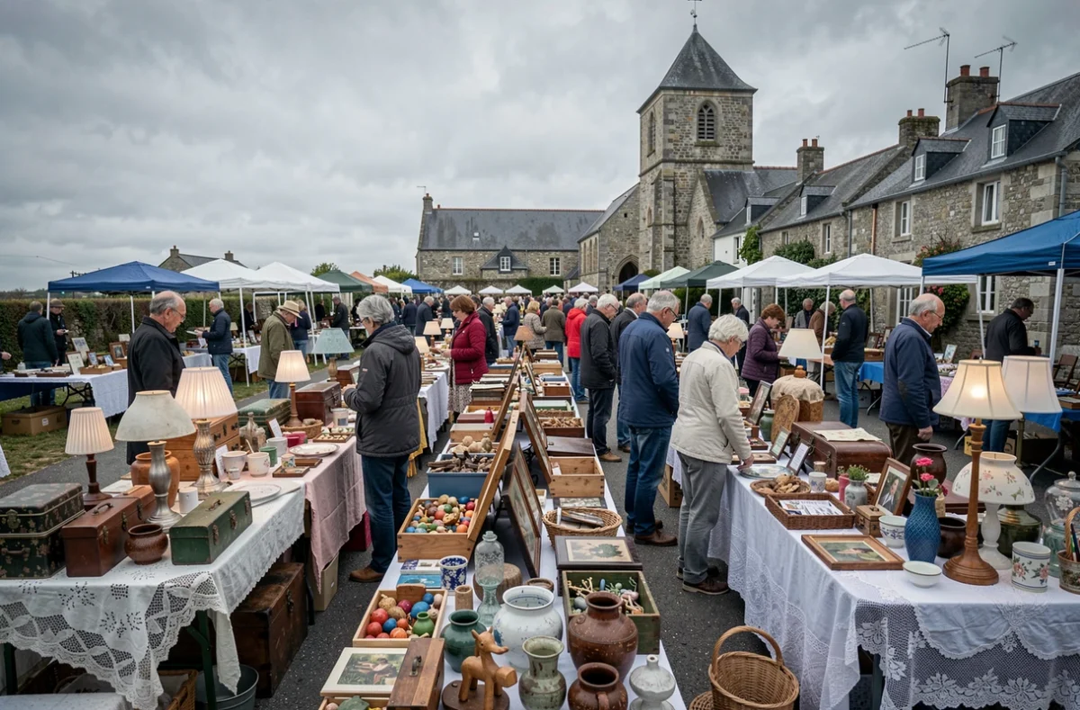 Vue panoramique d'un vide-grenier animé dans le Finistère avec des stands couverts d'objets anciens